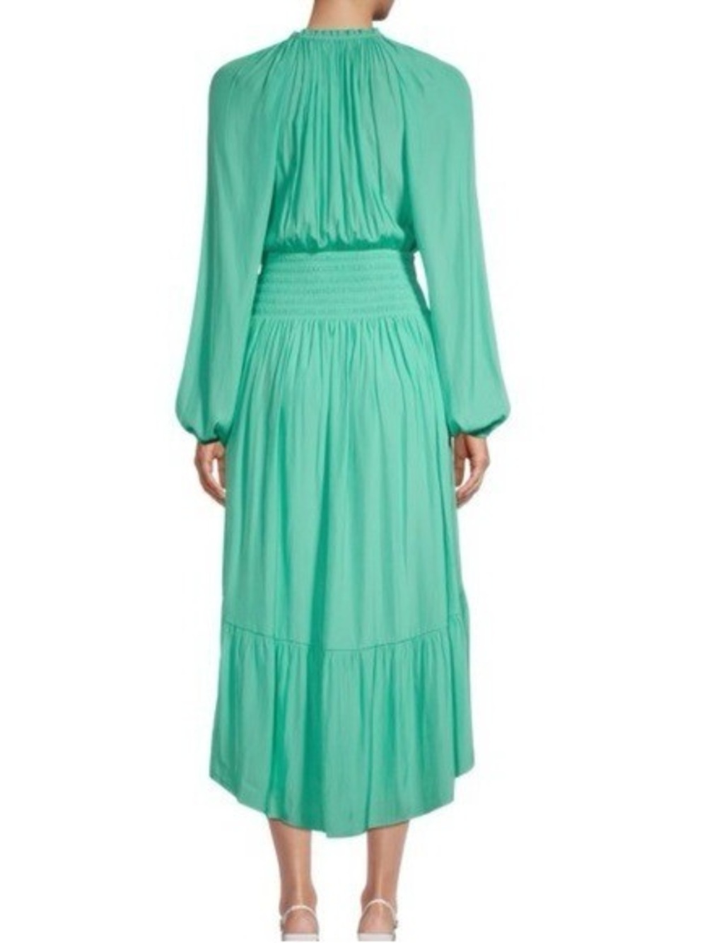 Ramy Brook Aqua Smocked-Waist Long-Sleeve Midi Dress